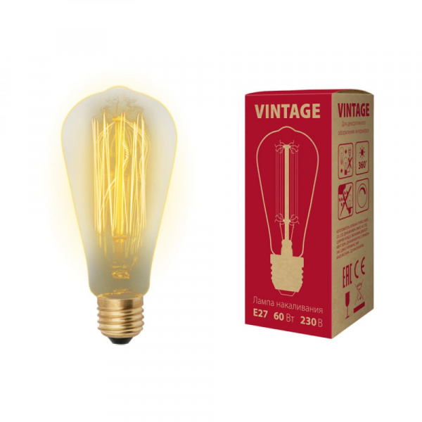 Лампа накаливания Vintage Форма "конус" золотистая Картон FIL-ST64 60/GOLDEN/E27/VW02 Uniel