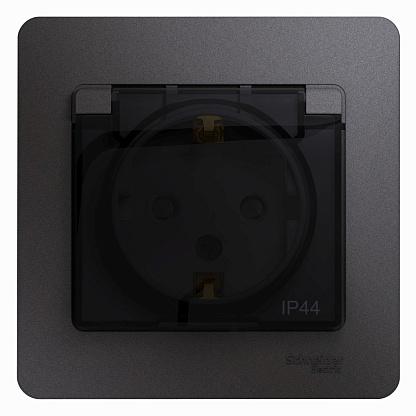 Розетка 1-м СП Glossa 16А IP44 250В с заземл. защ. шторки с крышкой в сборе графит SchE