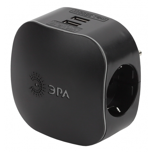 Разветвитель электрический ЭРА SP-3e-USB-BLACK на 3 розетки + 2 USB с заземлением со шторками 16А ч