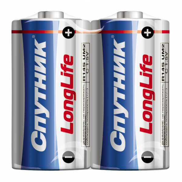 Элемент питания солевой LongLife R14/2S, шринк, Спутник