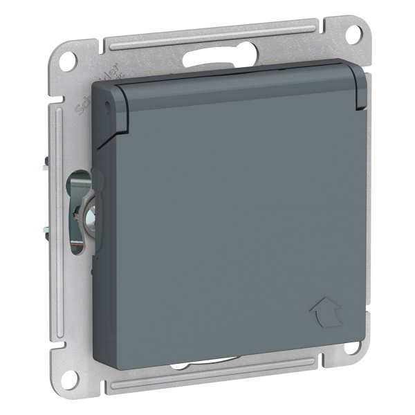Механизм розетки 1-м СП ATLAS DESIGN с заземл. защ. шторки с крышкой 16А IP20 грифель SchE