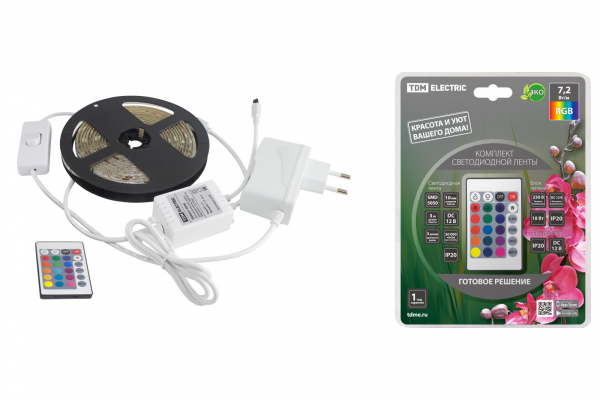 *Комплект светодиодной ленты SMD5050-30 LED/м-12 В-7,2 Вт/м-IP20-RGB (3м) 18Вт IR-Контроллер TDM
