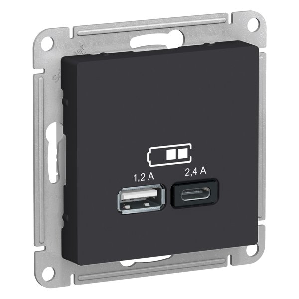 Механизм розетки USB AtlasDesign A+С 5В/2.4А 2х5В/1.2А карбон SchE