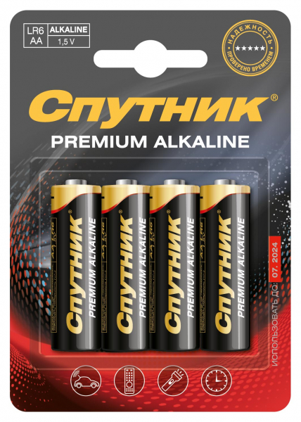 Элемент питания PREMIUM ALKALINE LR6/4B, блистер, Спутник