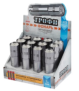 Фонарь TM9-box12 Трофи 9xLED алюм 3хААА в комплекте промо-бокс