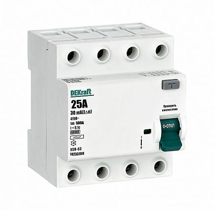 Выключатель дифференциального тока 4P 25А 30мА тип AC 6кА УЗО-03 DEKraft
