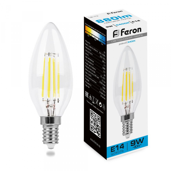 Лампа филаментная светодиодная Feron LB-73 Свеча E14 9W 6400K