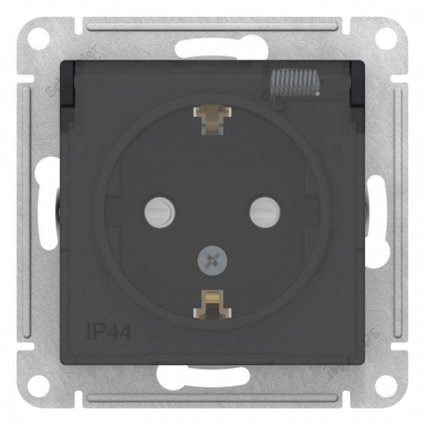 Розетка 1-м СП AtlasDesign Aqua 16А IP44 с заземл. защ. шторки с прозр. крышкой механизм карбон SE A
