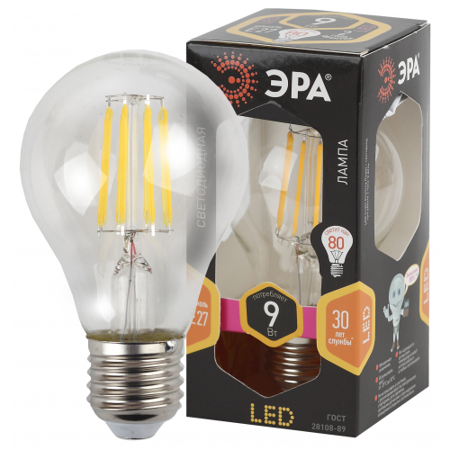Лампа светод. F-LED A60-9W-827-E27 ЭРА (филамент, груша, 9Вт, тепл., Е27)