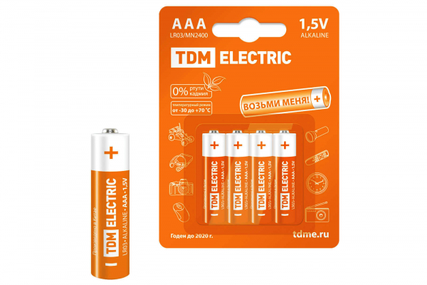 Батарейка (элемент питания) LR03 AAA Alkaline 1,5V BP-4 TDM (цена за штуку)