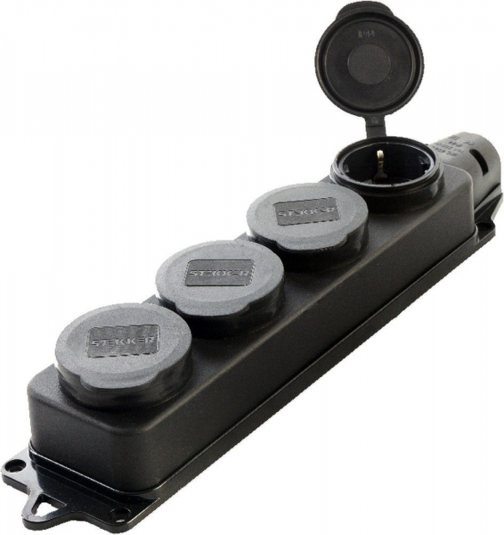 Розетка каучук 4-местная c/з, STEKKER, RST16-24-44, 250В, 16А, IP44, черный