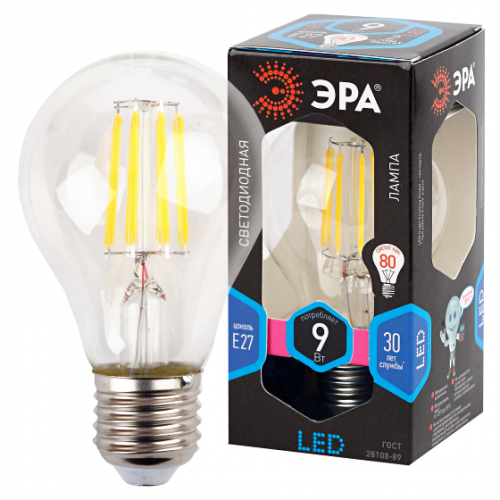 Лампа светод. F-LED A60-9W-840-E27 ЭРА (филамент, груша, 9Вт, нейтр., Е27)