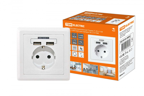 Блок мультифункциональный СНЕЖ 2 2П+3 16А 250В+2 USB-порта для зарядки 5В 2, 1А белый TDM