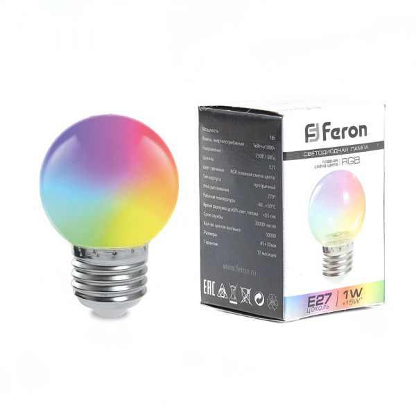 Лампа светодиодная Feron LB-37 Шарик матовый E27 1W RGB быстрая смена цвета