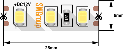 Лента светодиодная SWG SMD 2835, 120 LED/м, 9,6 Вт/м, 12В, IP20, 900lm/м, Нейтральный белый 5м