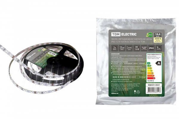 Лента светодиодная SMD5050-60 LED/m-IP65-12 B-14,4 Вт/м-3000 К (5м) TDM