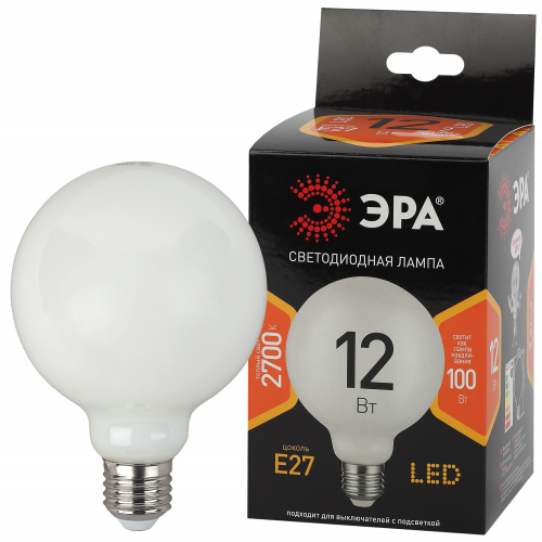 Лампа светод. F-LED G95-12w-827-E27 OPAL ЭРА (филамент, шар опал, 12Вт, тепл, E27)