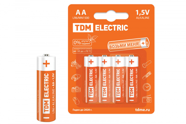 Батарейка (элемент питания) LR6 AA Alkaline 1.5V BP-4 TDM