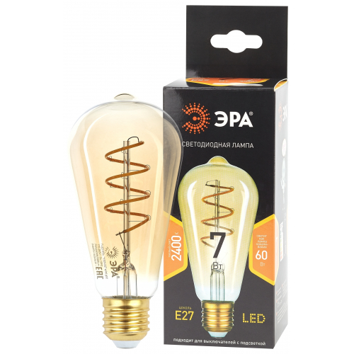 Лампа светод. F-LED ST64-7W-824-E27 spiral gold ЭРА (филамент спир зол 7Вт тепл. E27)