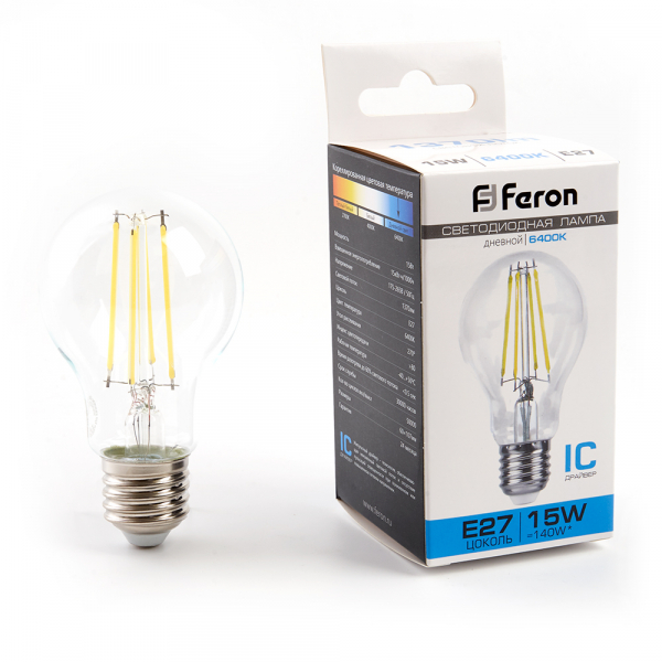 Лампа филаментная светодиодная Feron LB-615 Шар E27 15W 6400K A60