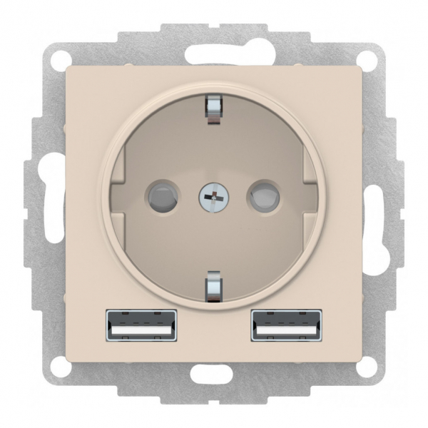 Механизм розетки 3-м СП AtlasDesign 16А IP20 с 2-мя заряд. устройствами USBA+A 5В/2.4А 2х5В/1.2А беж