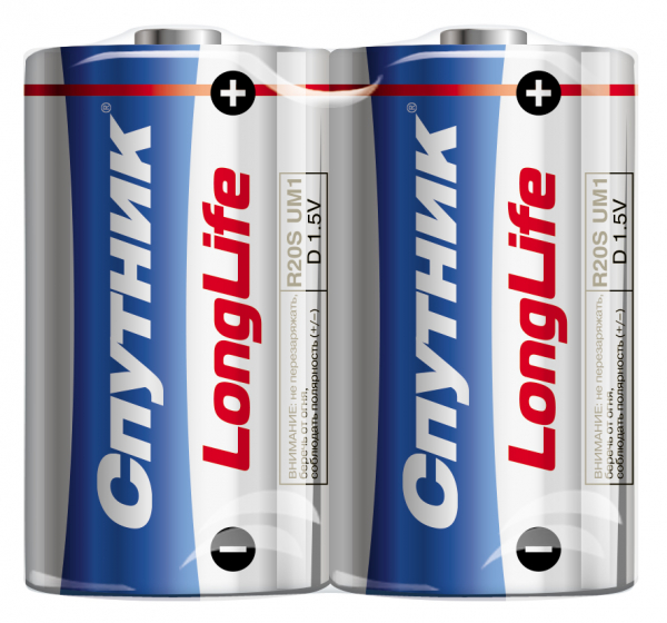 Элемент питания солевой LongLife R20/2S, шринк, Спутник